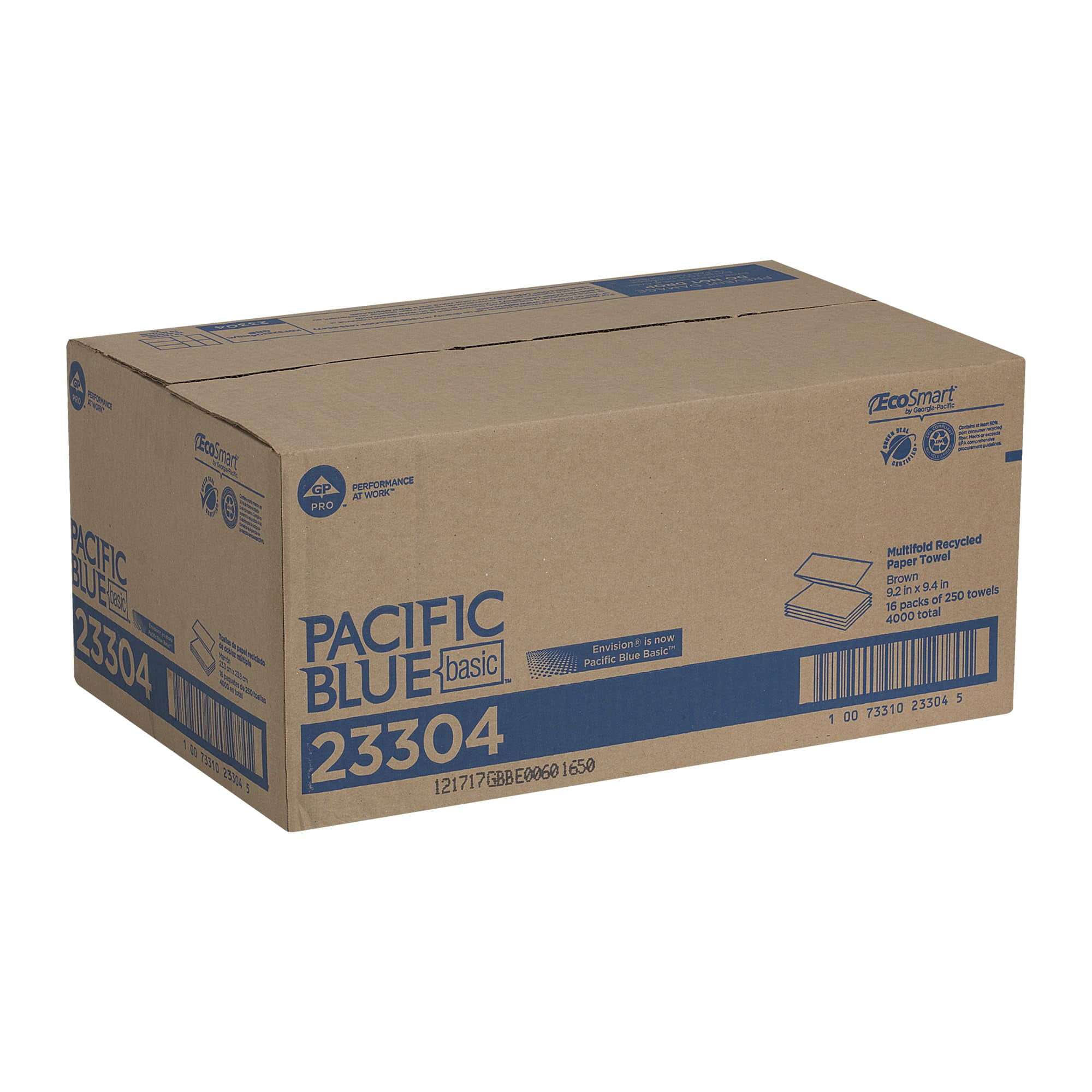 Pacific Blue Basic Recycled Multifold Paper Towels (23304), Brown, 250 Towels/Pack, 16 Packs/Case