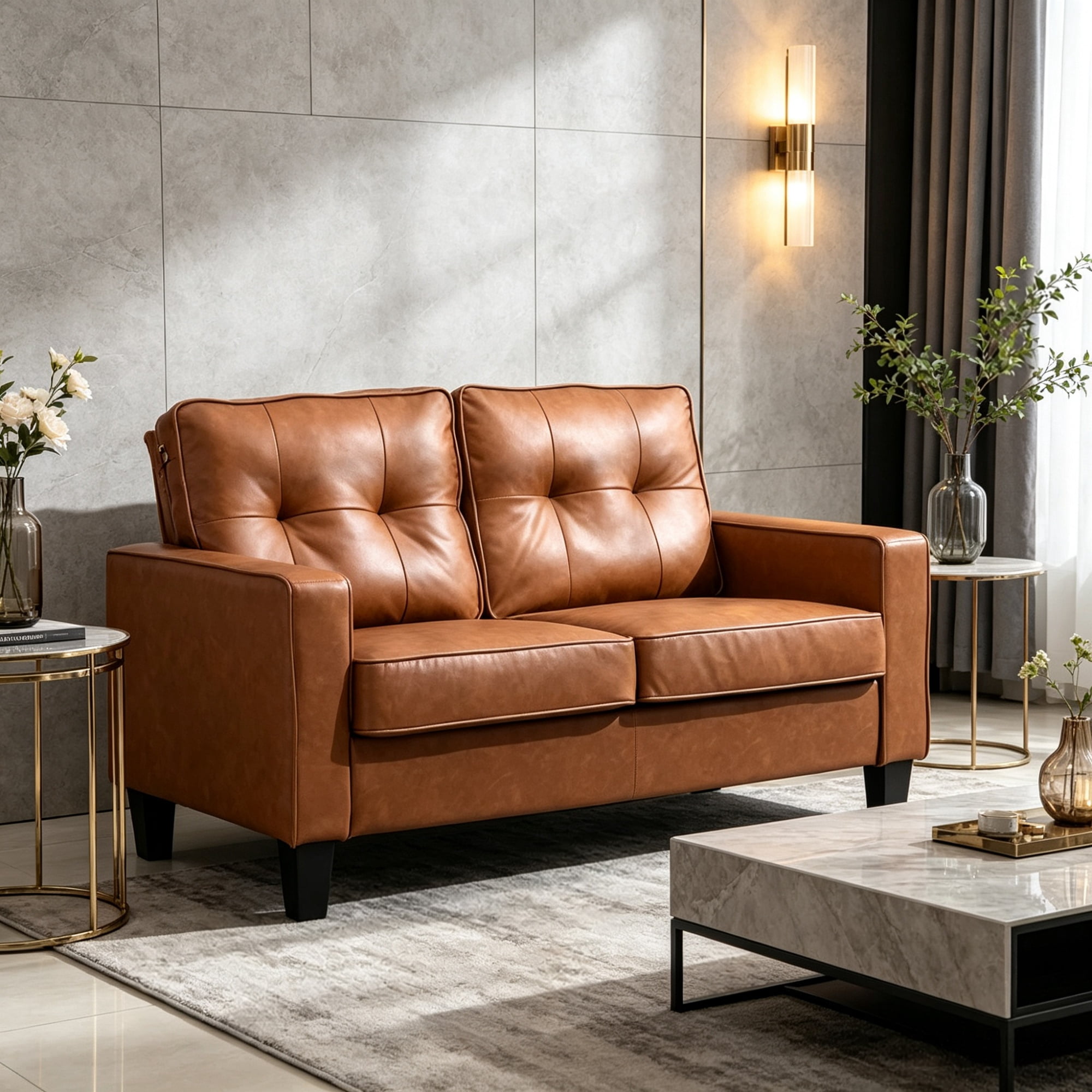 51" Wide Double Sofa, 2-Seater Tufted PU Leather Loveseat with Padded Armrests, Brown