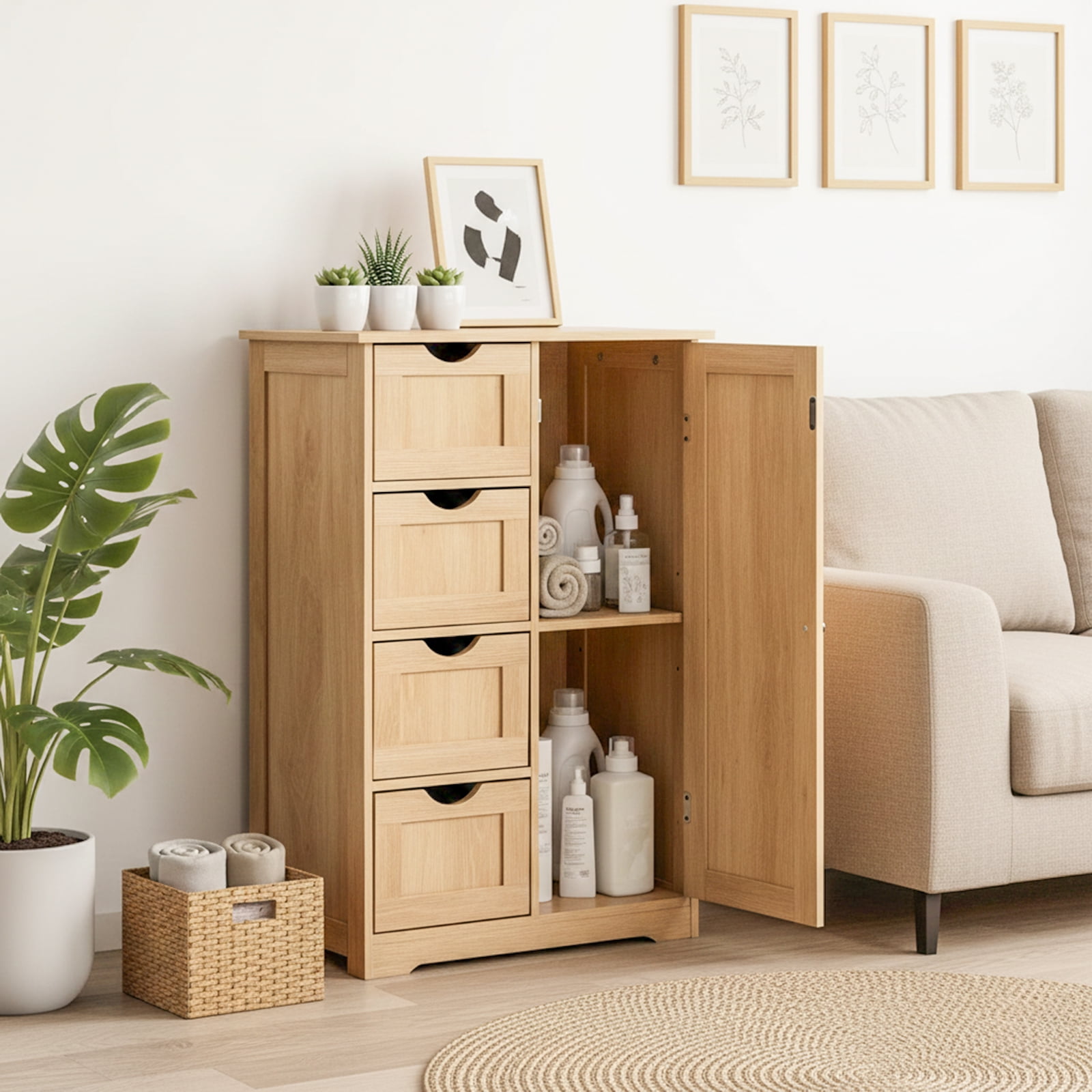 Ktaxon Wooden Bathroom Floor Cabinet, Side Storage Organizer with 4 Drawers, 1 Cupboard & 2-Shelves, Wood