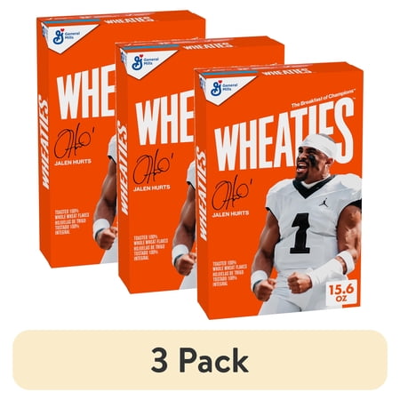 (3 pack) Wheaties Cereal, Breakfast of Champions, Jalen Hurts Box, 100% Whole Wheat Flakes, 15.6 oz