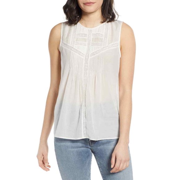 Hinge Women's Sleeveless Lace Inserts Top In Ivory Size XXS
