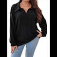 thumbnail image 2 of Suéter de Punto Informal de Talla Grande para Mujer, con Solapa, Cuello en V, Color Liso, Blusas Ligeras de Larga. Negro 5XL, 2 of 9