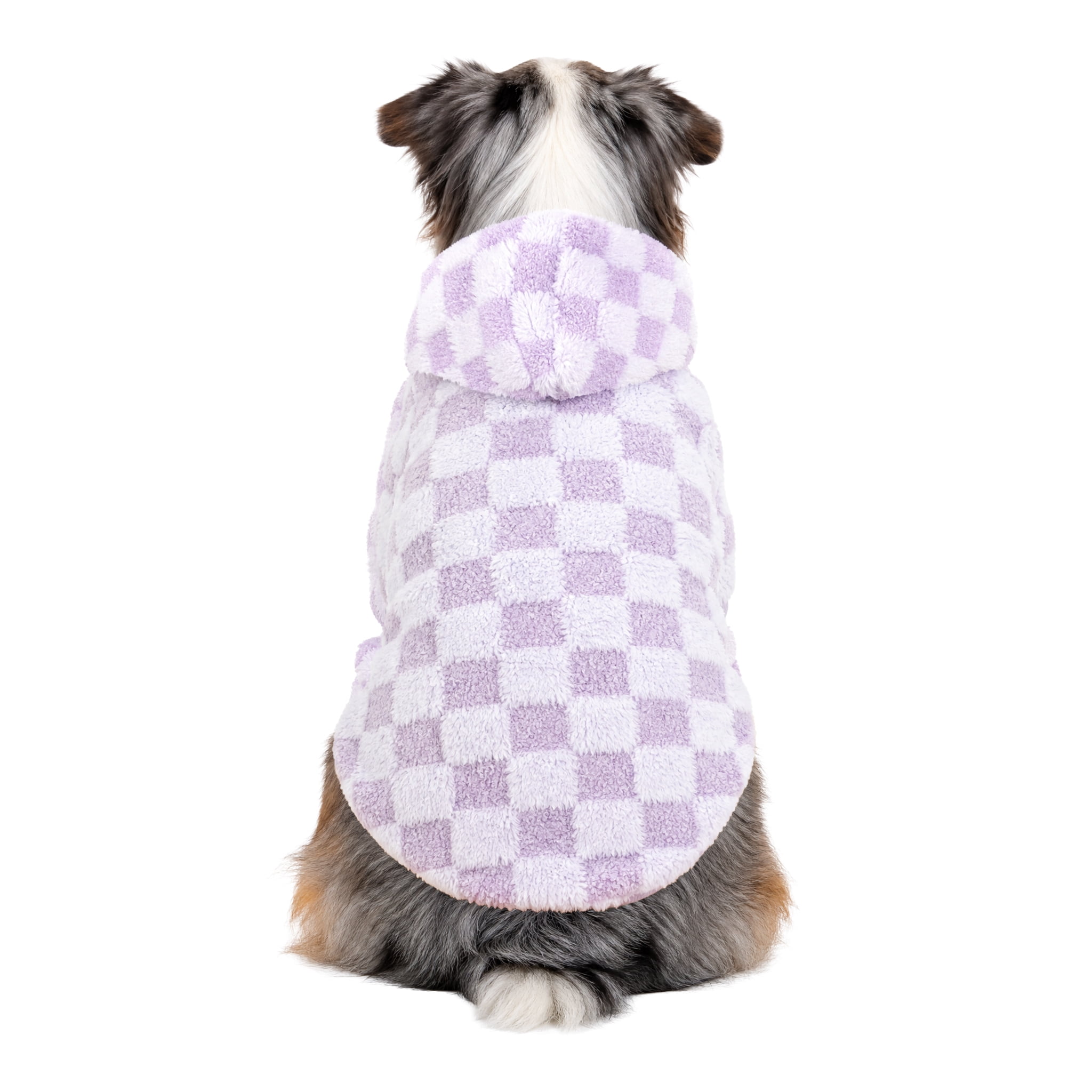 Oodles Checkerboard Fall Sherpa Dog Hoodie, Purple, Large