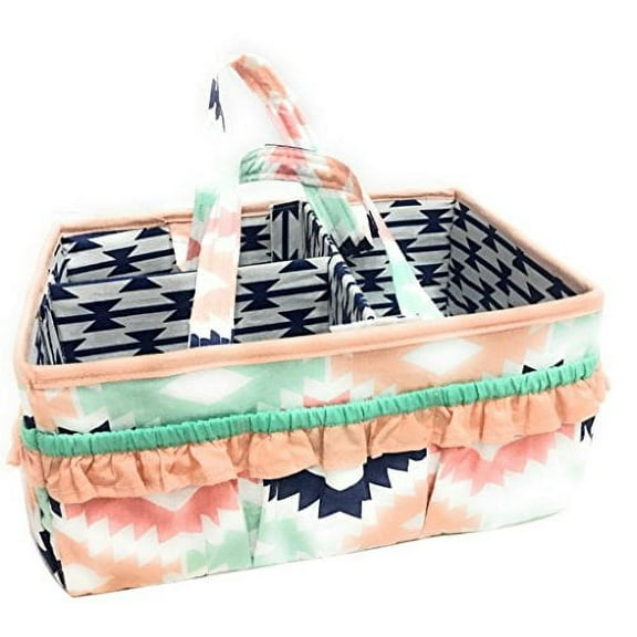 Bacati Aztec Emma Girls Nursery Fabric Storage Caddy with Handles, Coral/Mint/Navy
