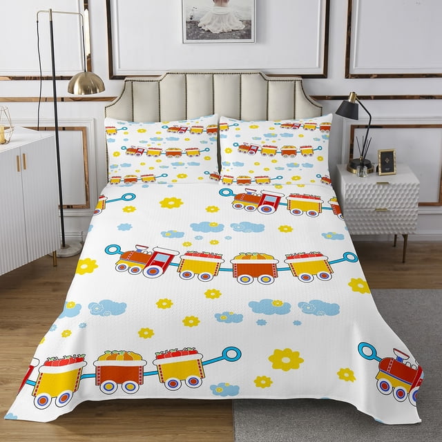 Erosebridal Cartoon Bus Car Coverlet Set Queen, Construction Vehicle Bedding Set, Colorful Flower Decor
