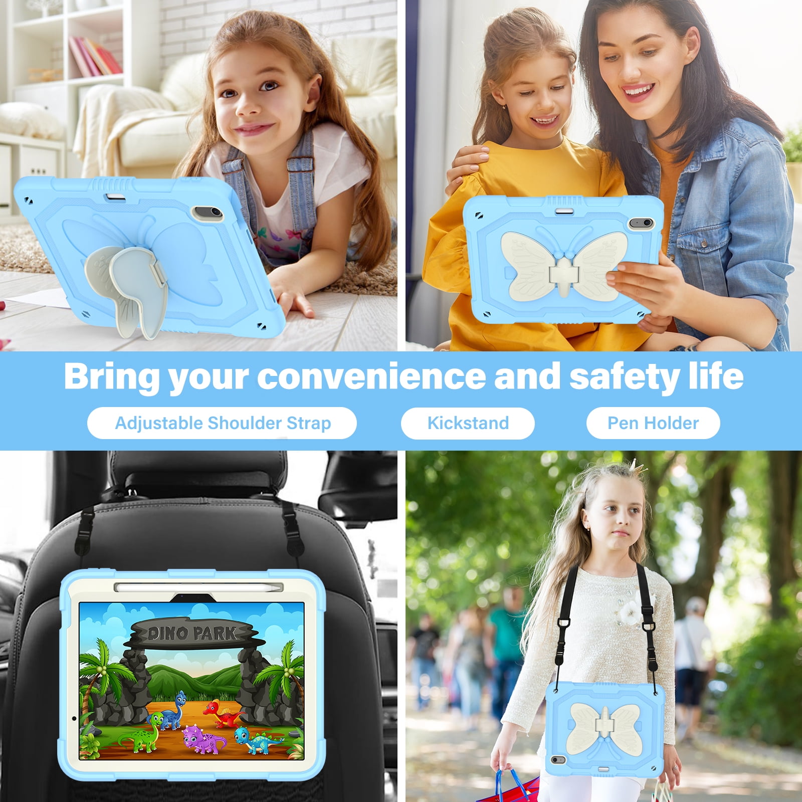 For iPad A16 11th 10th Generation 2025/2022 Case, Rugged Hybrid Cover with Butterfly Wings Hidden Kickstand Pencil Holder Adjustable Shoulder Strap Drop Resistant Anti-Scratch Fashion Case,Blue+Beige