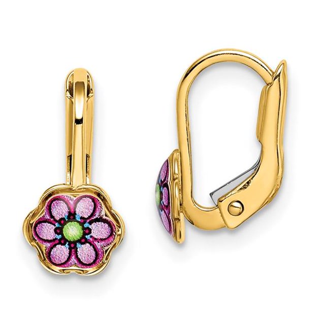 Quality Gold C4787 14K Yellow Gold Childrens Enamel Flower Leverback Earrings