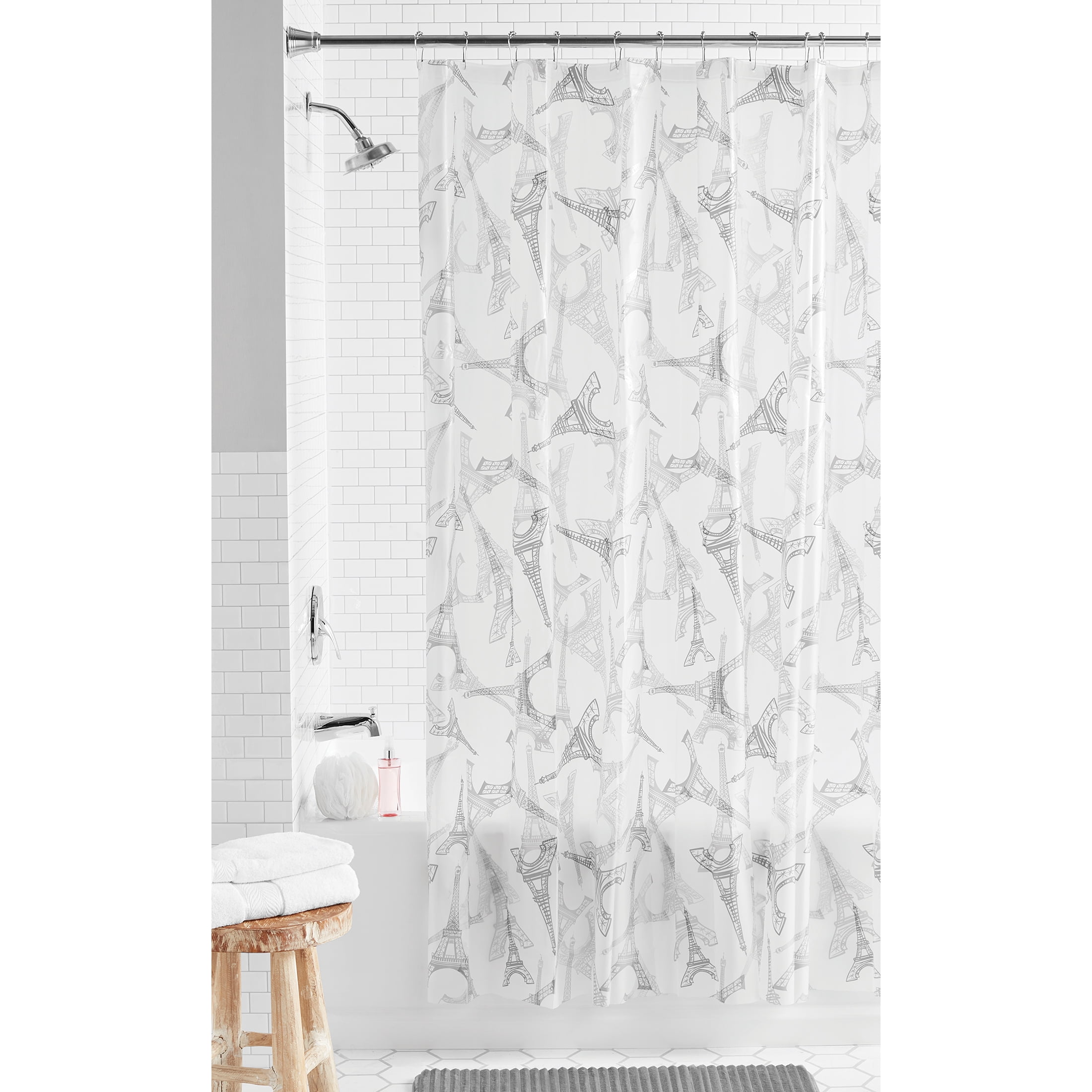 Mainstays Paris Eiffel Tower PEVA Shower Curtain, 70' x 72', White/Black/Grey