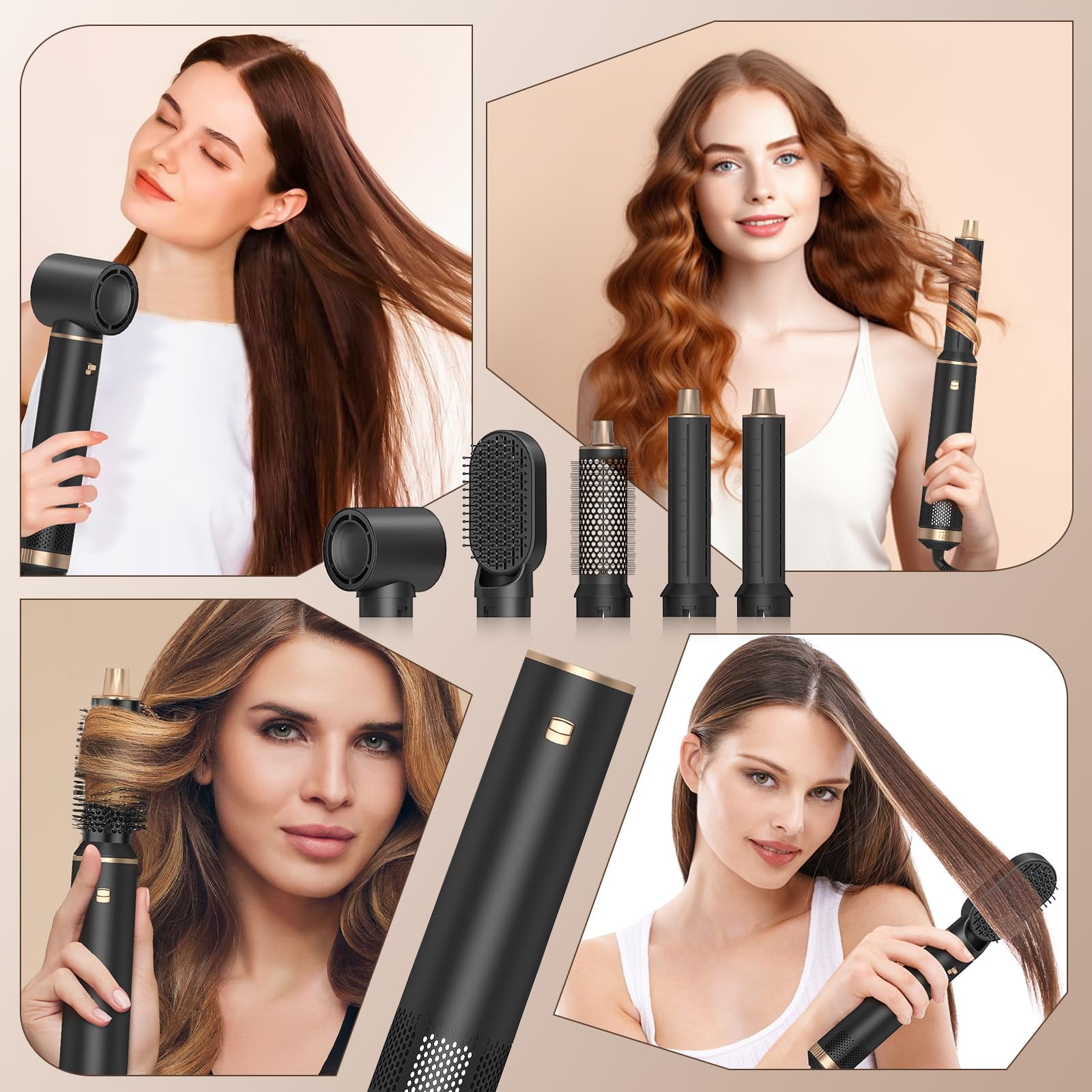 5-in-1 Air Styler for Long Hair, Blow Dryer Brush + Auto Curling Wands, Ionic Hair Straightener & Curler with 3 Heat Settings, 200M Negative Ions, Women’s Gift