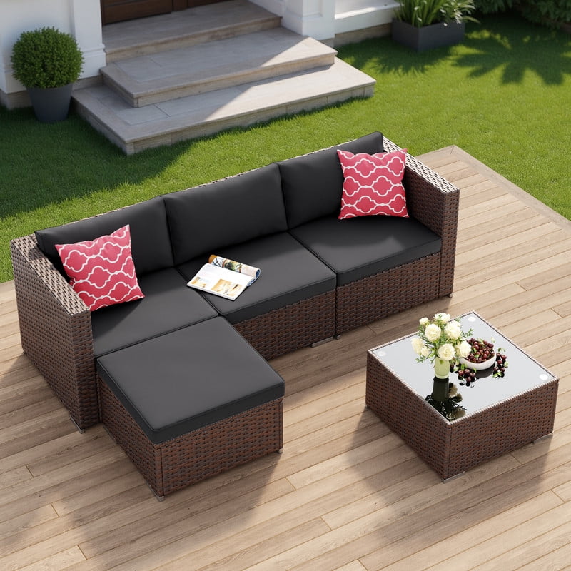 Patio Furniture Set, 5-Piece Outdoor Conversation Set with Tempered Glass Bistro Coffee Table & Plush Cushions, All-Weather PE Wicker, Rust-Resistant Metal Frame, Black