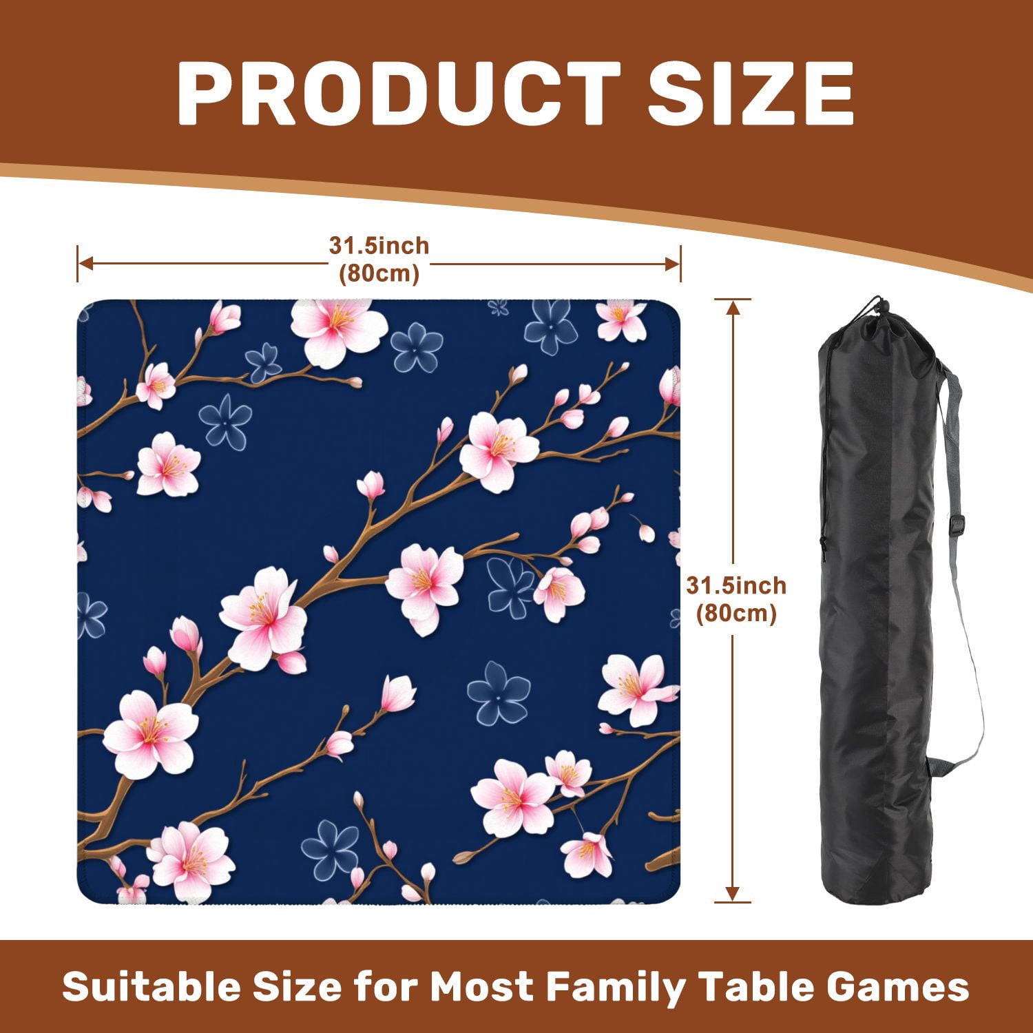 Mahjong Mat 31.5" x 31.5" Seamless Pink Cherry Blossom Branches Dark Blue Non-Slip Noise Reduction American Mahjong Tiles Table Cover for Dominoes Poker Card Board Games Gift