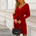 thumbnail image 5 of Oplxuo Long Sleeve Sweater Dresses for Women Fall Winter V Neck Wrap Pullover Casual Cable Knitted Belted Waist Lounge Dress, 5 of 7