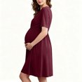 thumbnail image 5 of Annhoo Maternity Dress Short Sleeve V Neck Pleated Waist Knee Length Flowy Gowns Fall Casual Pregnancy Dress, 5 of 7