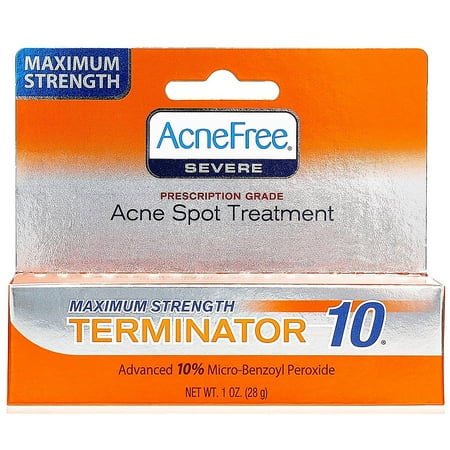 - Terminator 10 Acne Spot Treatment with Benzoyl Peroxide 10% Maximum Strength Acne Cream Treatment , 1 Ounce, Maximum strength acne spot treatment By AcneFree