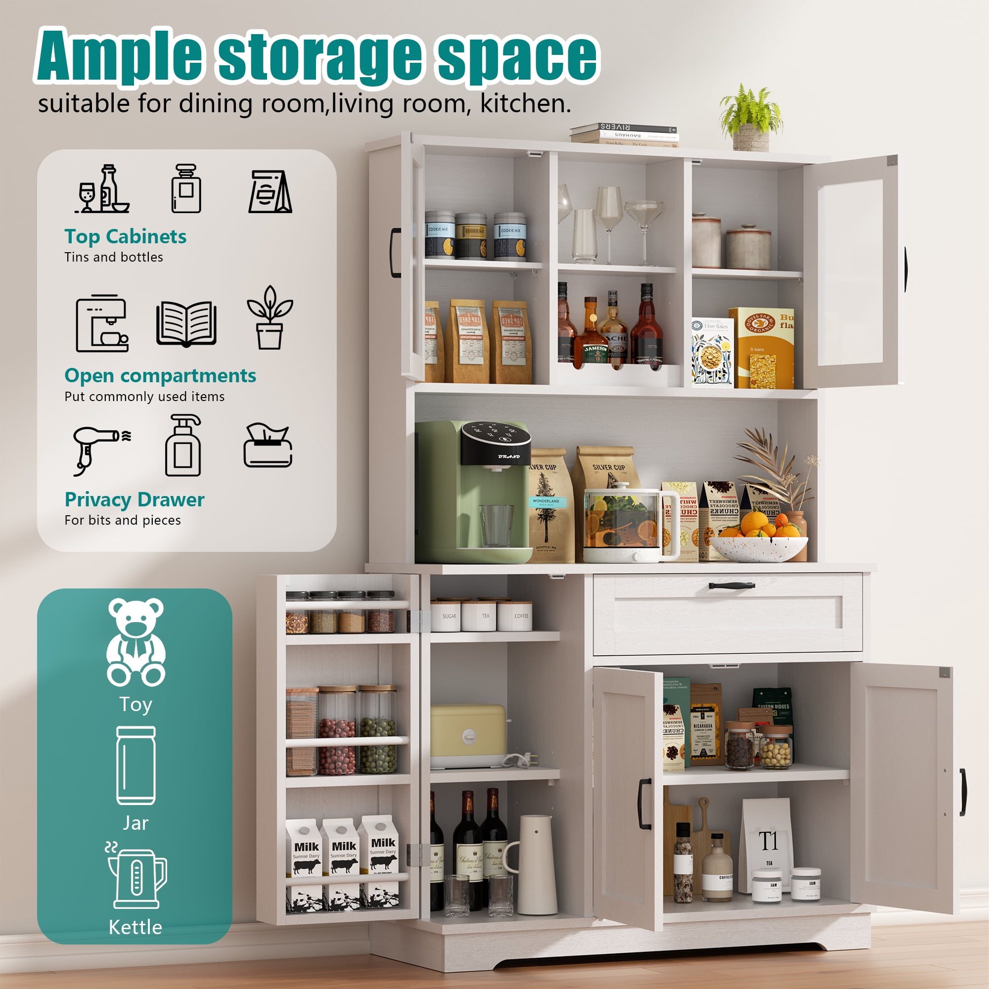 Walsunny Pantry Cabinet with Microwave Shelf Doors Drawer for Kitchen Storage 68" Tall Kitchen Food Cabinet Pantry Organizer Shelves Coffee Bar Cabinet with Hutch White