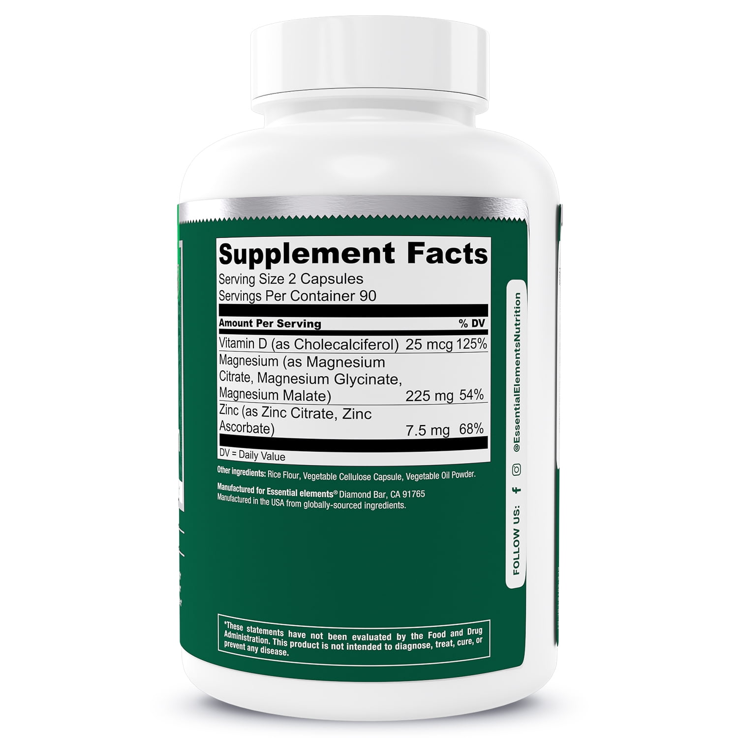Essential elements Magnesium Plus Zinc with Vitamin D3 - Scientifically Formulated Heart, Bone, & Muscle Support - 225mg Triple-Strength Magnesium Complex with Glycinate, Malate, Citrate - 180 Count