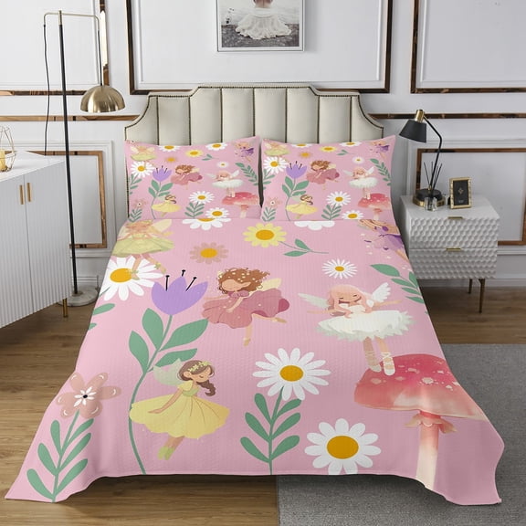 Pink Fairy Bedding Set Queen Size,Cute Floral Fairy Quilt Set Bedroom Decor,Mushroom Flower Bedspread Set Colorful Princess Quilts Bed Set with 2 Pillowshams