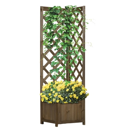Raised Garden Bed with Trellis, 57" Corner Planter Box - Outdoor Freestanding Elevated Plant Bed for Vine, Flowers, Herbs - Carbonized Fir Wood
