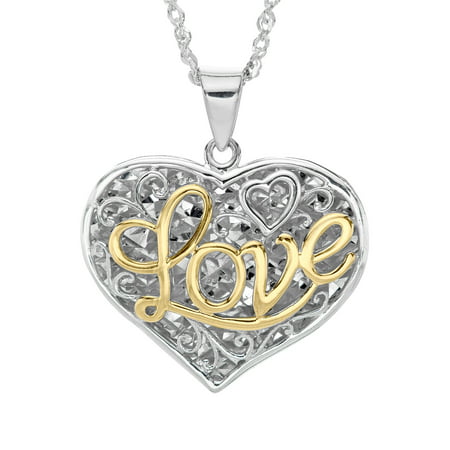 Duet Script 'Love' Filigree Heart Pendant Necklace in Sterling Silver & 10kt Gold