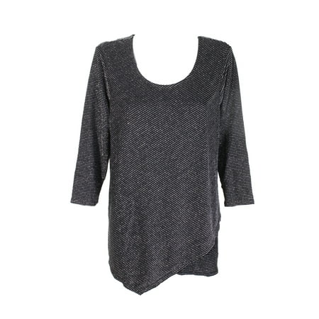 - Jm Collection Black Sliver Overlap Hem Three Quarter Sleeve Scoop Neck Top 1X
