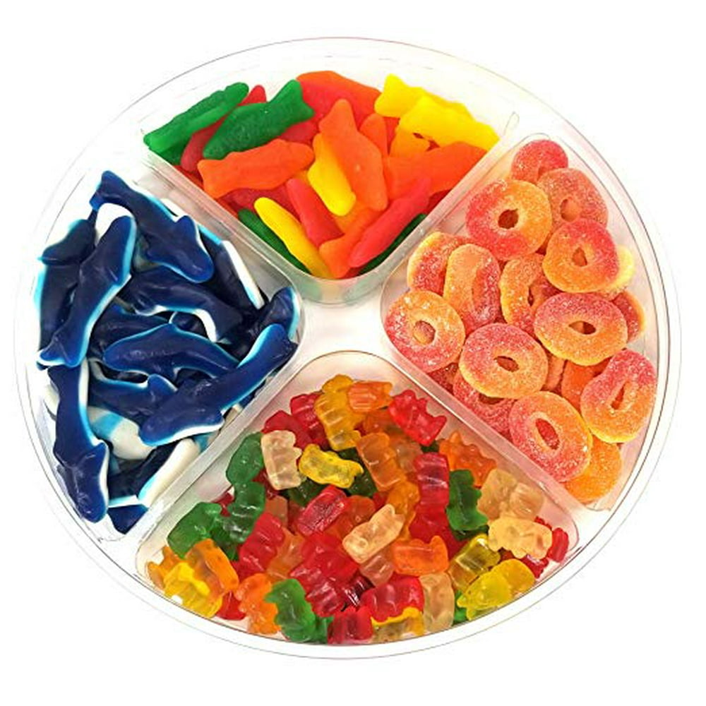Gift Tray Gummy Candy Party Mix, Blue Baby Sharks, Peach Rings, Gummy