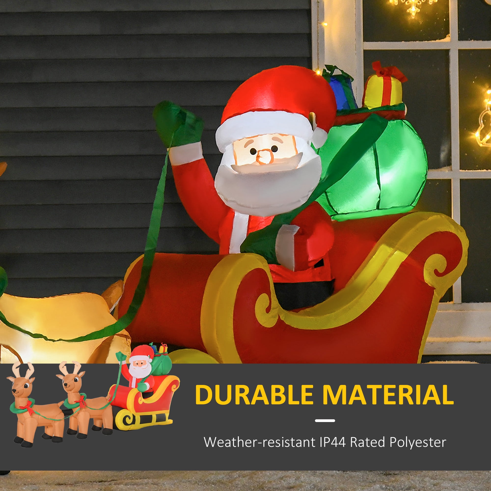 Christmas Inflatable Santa Claus with Sleigh and Reindeer, Outdoor Yard Decoration with LED Lights, Yellow, 94.5 in x 22.5 in x 44 in