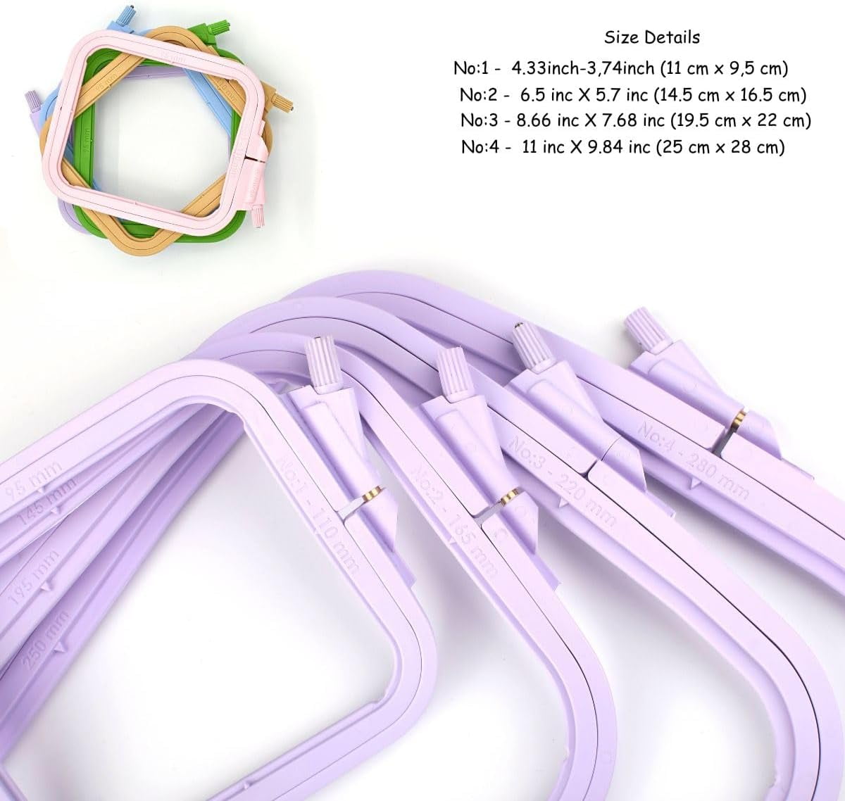 Nurge 4-Piece Square Embroidery Hoop Set, ABS Plastic, Multi-Size, Lilac
