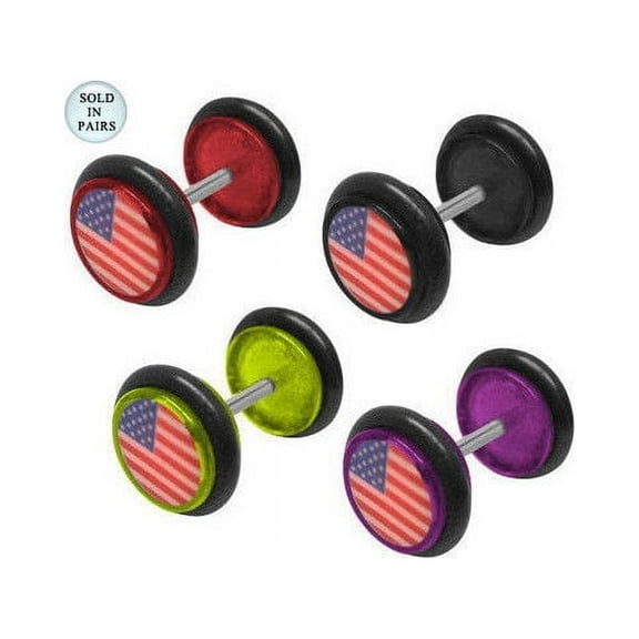 Pair of Fake/Cheater American Flag Acrylic 14 Gauge Ear Plugs - 4 Colors Avail