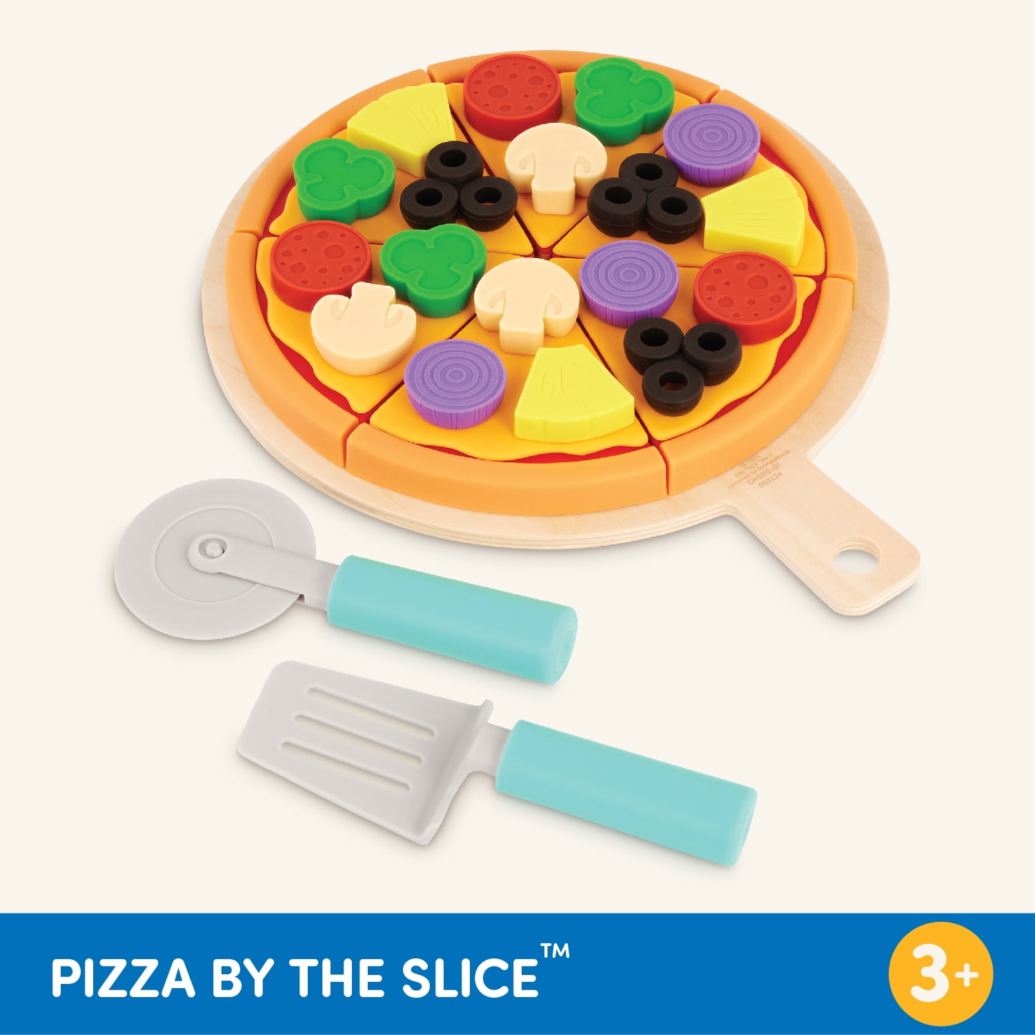 Battat Pizza by The Slice Plastic Set 7 Multicolor Toppings and Wooden Board, Toddler and Preschool (图5)
