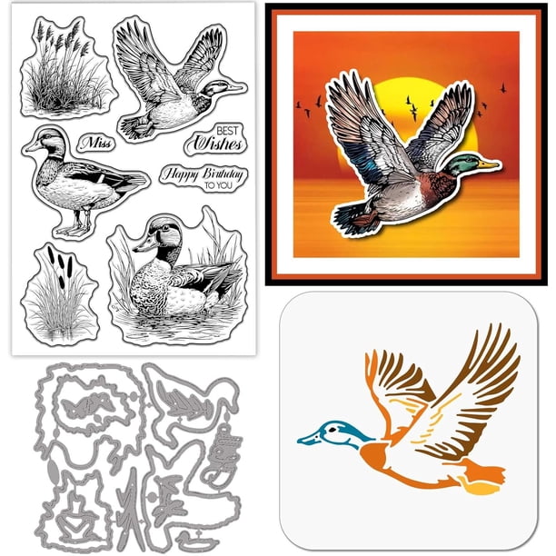 Sellos transparentes de pato real, troqueles de corte, plantillas de pintura PET para hacer tarjetas, sellos de silicona de verano, saludos de metal, troqueles, plantillas de pintura PET