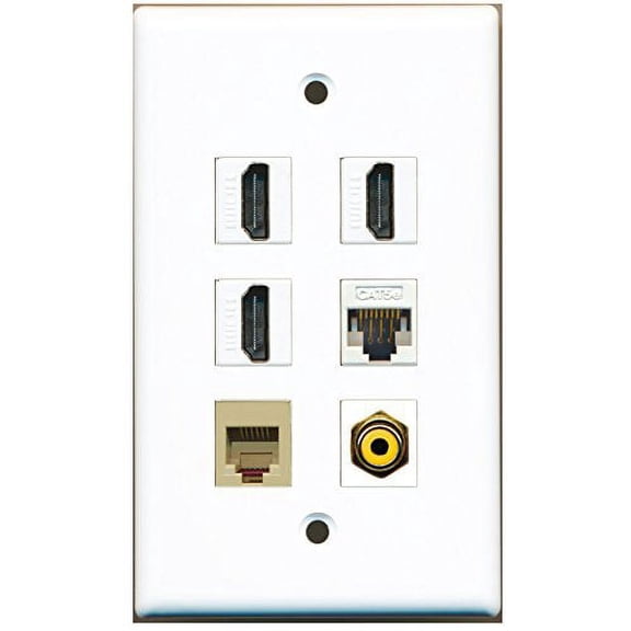 RiteAV - 3 HDMI 1 Port RCA Yellow 1 Port Phone RJ11 RJ12 Beige 1 Port Cat5e Ethernet White Wall Plate