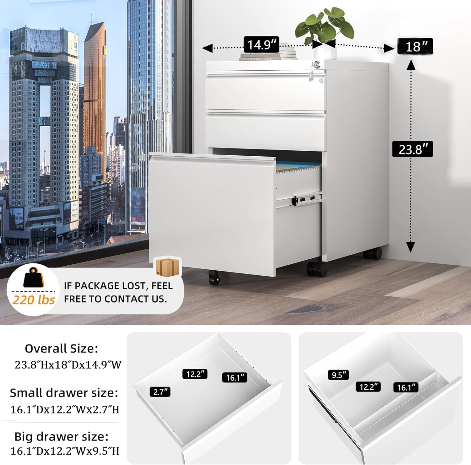 SOLAURA 3 Drawer Mobile File Cabinet with Lock & Wheels, Fully Assembled Rolling Filing Cabinet Except Casters, Under Desk Metal Storage for Office, Fits Legal/Letter/A4 Size(Assembled, White)