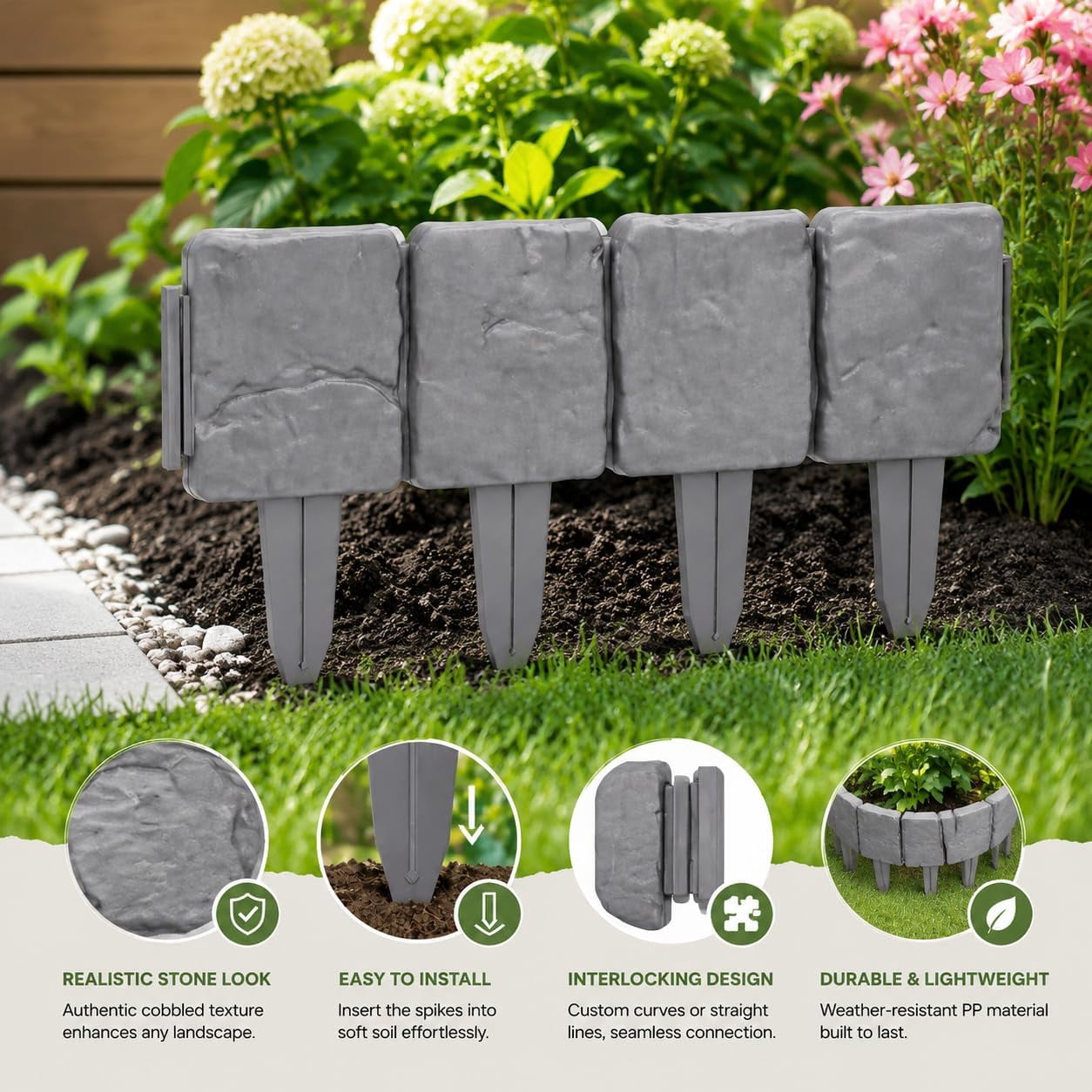 Imitation Stone Garden Fence, Plastic Retaining Edging Border Grey Cobbled Effect Landscape Decor Interlocking Decorative Panels, Flower Bed Path Lawn Outdoor Picket Yard (10, gray)M