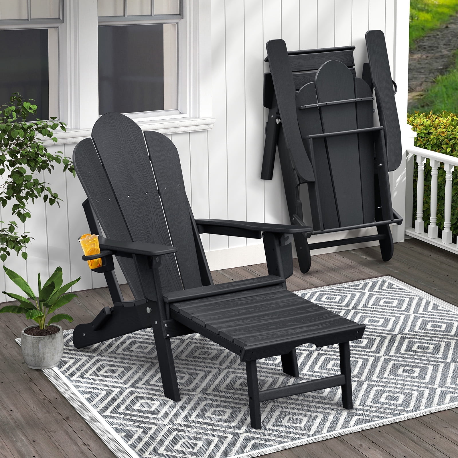 JP OUTDOOR Folding Adjustable Adirondack Chair with Ottoman & Cup Holder,HDEP Multifunctional Adirondack Chair with Footrest,Black