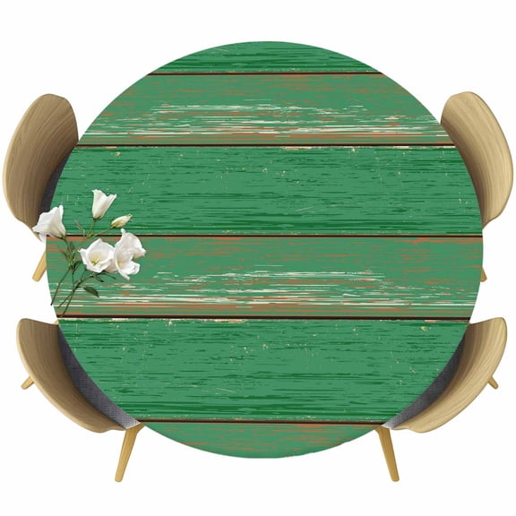 Green Wood Grain Round Tablecloth, Fitted Table Cover with Elastic for 36"-44" Round Tables, Farmhouse Texture Vintage Country Table Cloth Outdoor Indoor Dinning Party Waterproof Tablecloths