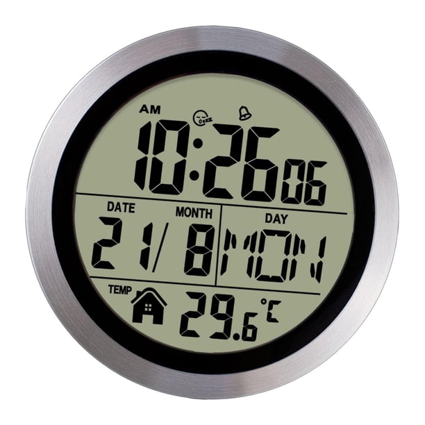 Reloj despertador digital de escritorio redondo con fecha de 12/24 horas y semana, versátil. Marco de aluminio