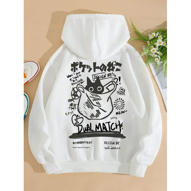 Sudadera con estampado de dibujos animados de gato bonito para mujer, sudaderas con capucha holgadas informales Harajuku