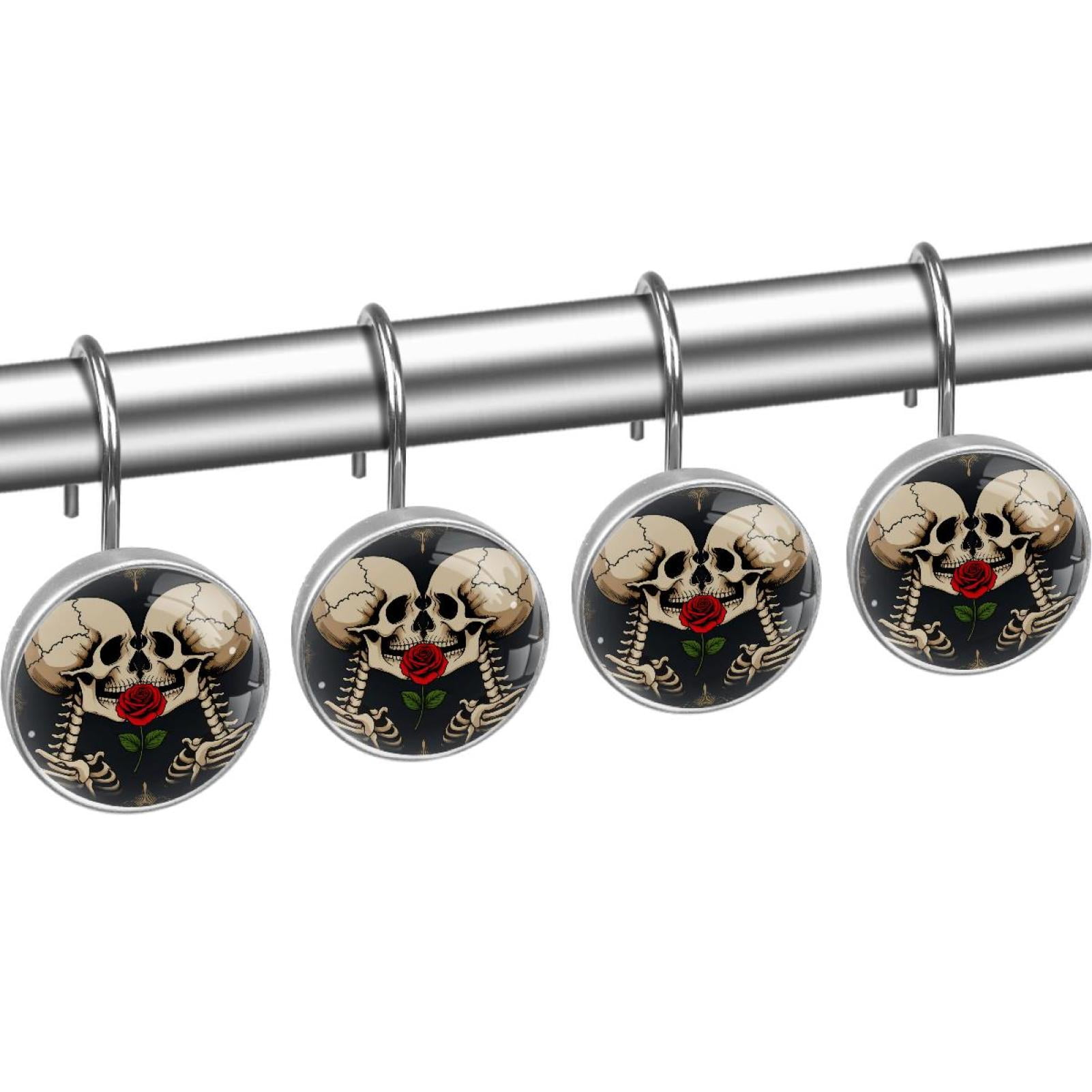 Skeleton Lover Bite Red Rose Shower Curtain Hooks Round Crystal Glass, Set of 12 Shower Curtain Rings - Shower Hooks for Curtain Shower Rings