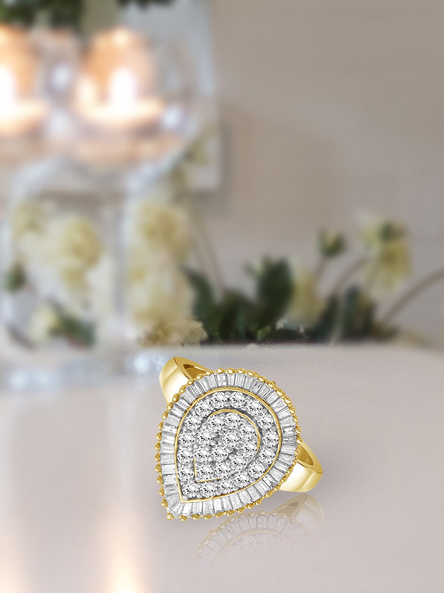 JewelersClub White Diamond Ring with 14K Gold Plating for Women & Girls | Teardrop Halo Promise Ringwith Round & Baguette Cut Diamonds