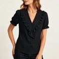 thumbnail image 5 of Cilsoka Women's Ruffle Trim Button Down Shirts Summer V Neck Puff Sleeve Cotton Linen Tops Casual Loose Fit Solid Blouse, 5 of 6