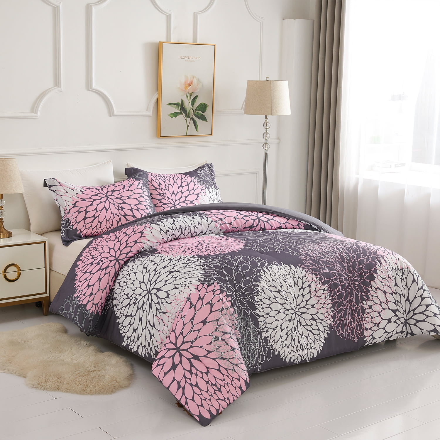 Koniroom Pink and Grey Floral Comforter Set, Botanical Bedding Sets Queen Size with Cute Flowers Printing for Women Teen Girls All Season 3 Pieces Comforters with 2 Pillow Shams (90x90 Inches)