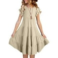 thumbnail image 2 of PMVFHDE Robes Filles Robes d'Été Filles Manches Volantées à Double Couche Robe Fluide Ligne A Décontractée Dégradé Robes Midi Kaki, 8-9 Ans, 2 of 7