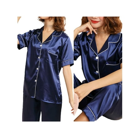 

Women s Short Sleeve Summer Pajamas Satin Top Pants Smooth Soft Casual Nightwear