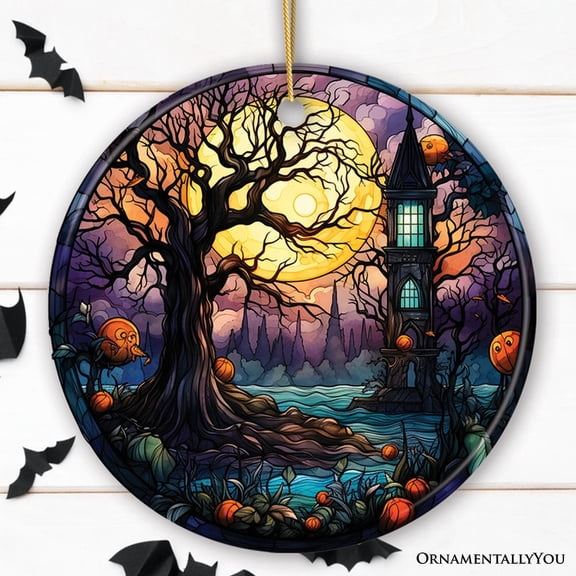 Spooky Tree & Haunted House Stained Glass Style Ceramic Ornament, Halloween Themed Christmas Gift and Decor