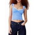 thumbnail image 4 of Women Gingham Lace Trim Square Neck Crop Tank Tops Plaid Y2K Sleeveless Slim Fitted Camis Shirts Blue L, 4 of 8