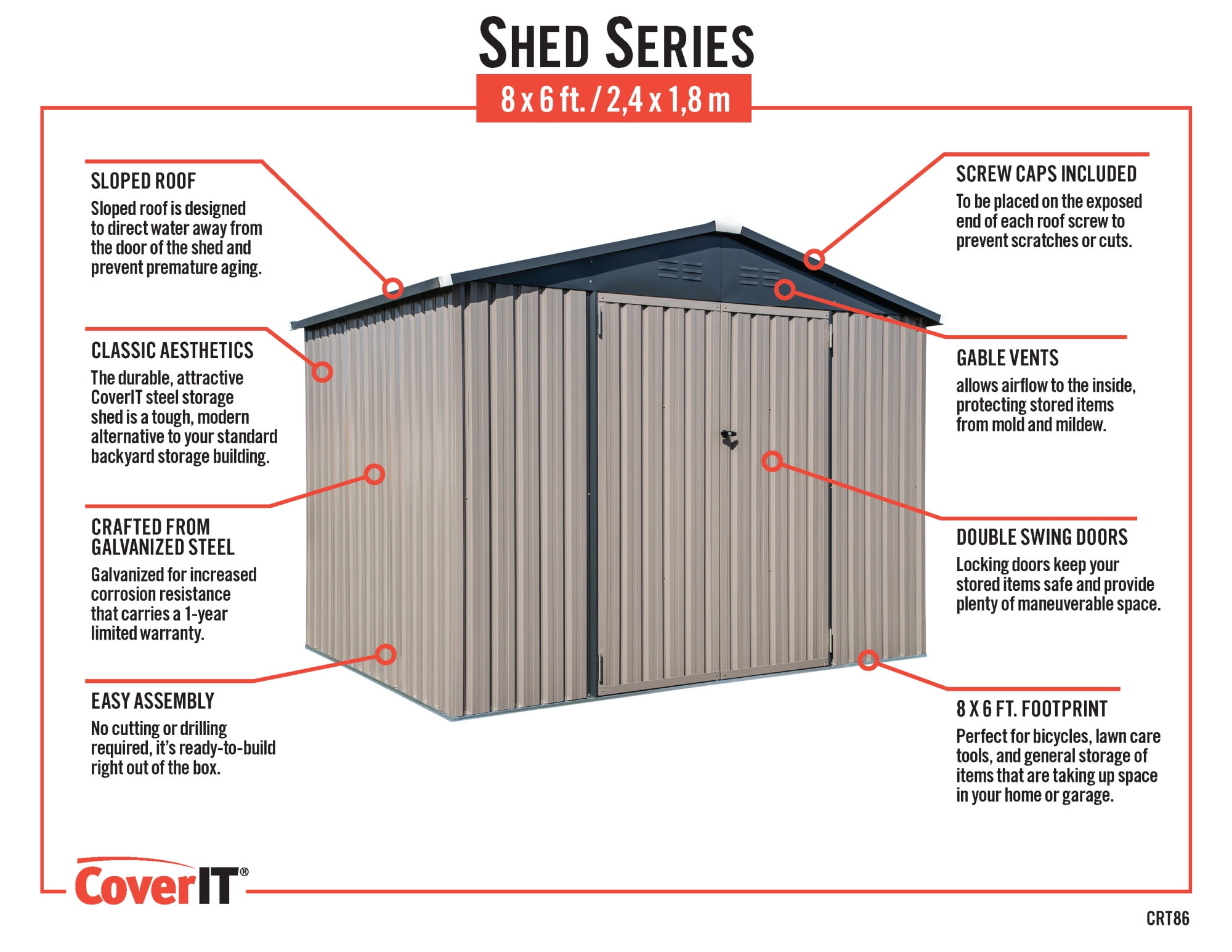COVER-IT Metal Outdoor Lockable Storage Shed for Backyard Storage, 8' x 6'