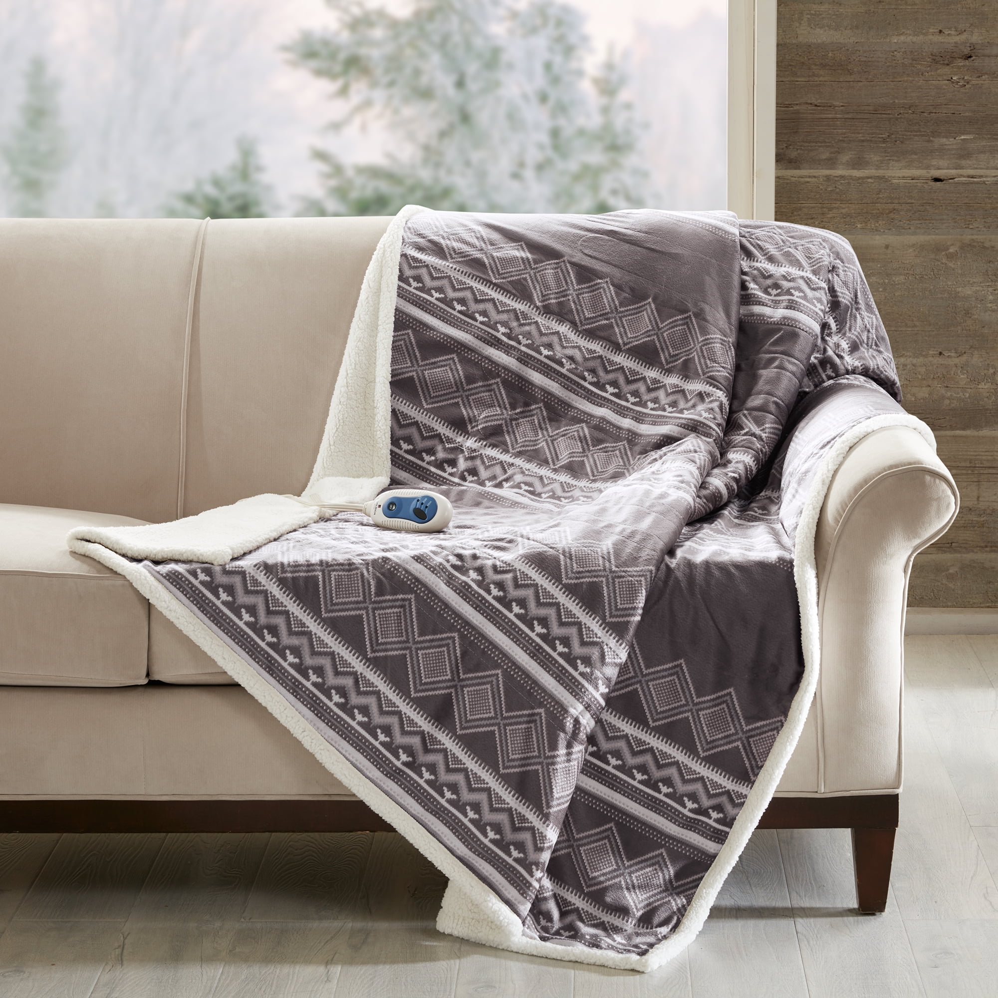 New Heated Classic Cabin Navy Plaid Soft Berber Faux Mink Sofa Blanket Throw 