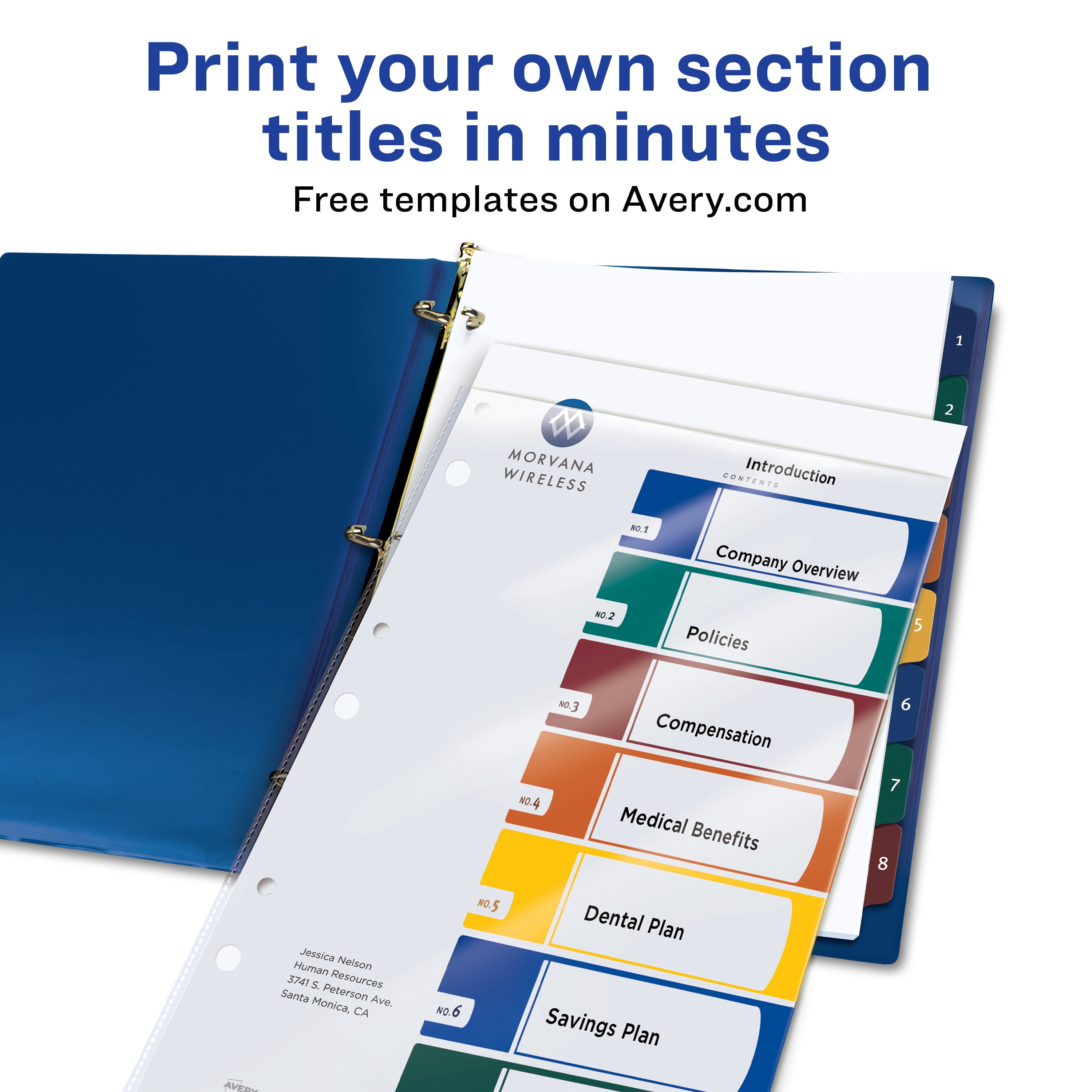 Avery Ready Index Easy Edit 8 Tab Binder Dividers, Customizable Table of Contents, Multicolor Tabs, 6 Sets (12172)