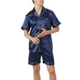 thumbnail image 2 of SWSMCLT Men's 2 Piece Pajamas Set Soft Silky Casual Sleepwear Pjs Satin Summer Thin Short Sleeve Button Down Navy White XX-Large, 2 of 4