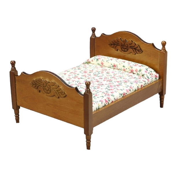 Cama Doble En Miniatura De Madera Escala 1:12 Para Casa De Muñecas, Con Diseño De Flores Y Acabado Realista, Accesorio De Muebles